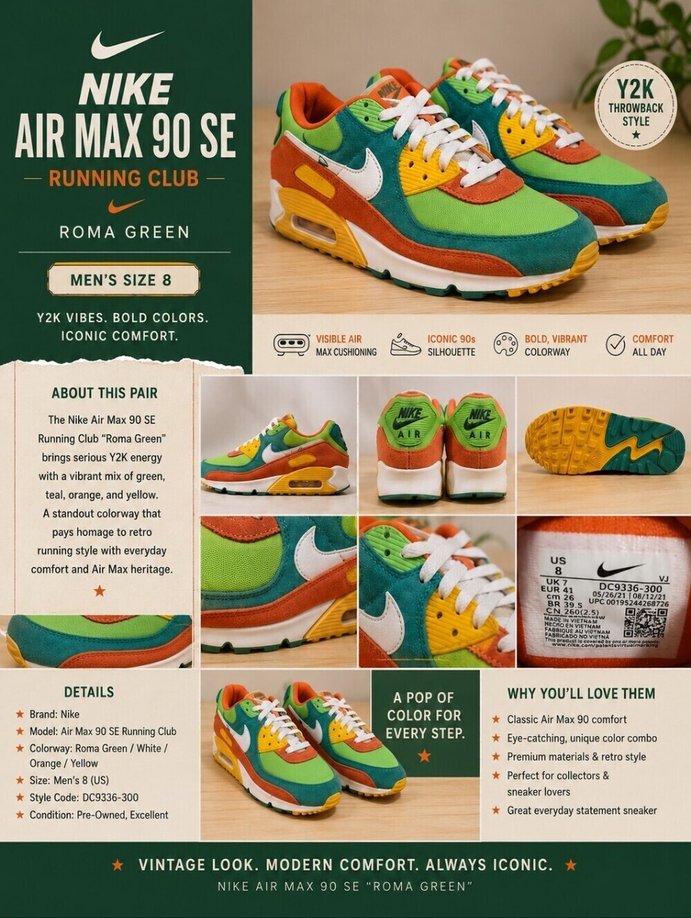 Roma Green Nike Air Max 90 SE Running Club Sneakers Y2K MENS 8